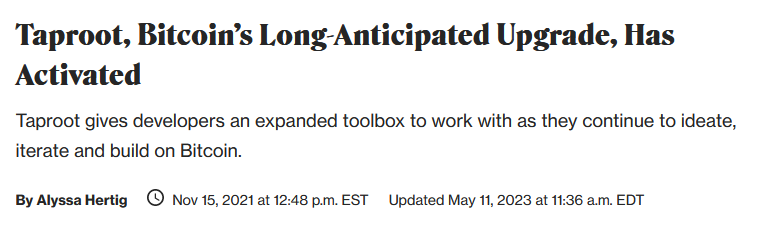 Taproot, Bitcoin’s Long-Anticipated Upgrade, Has Activated Coindesk headline