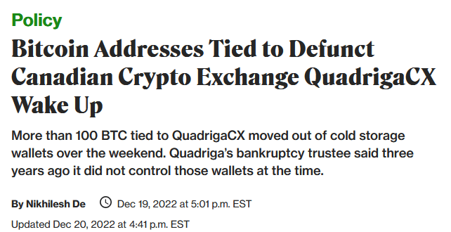 Bitcoin Addresses Tied to Defunct Canadian Crypto Exchange QuadrigaCX Wake Up coindesk headline