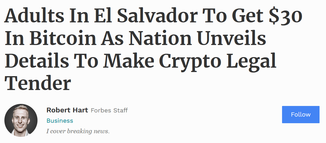 El Salvador gives $30 in bitcoin to every citizen forbes headline
