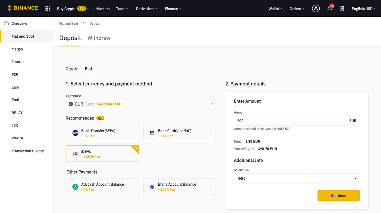 Binance deposit using iDEAL