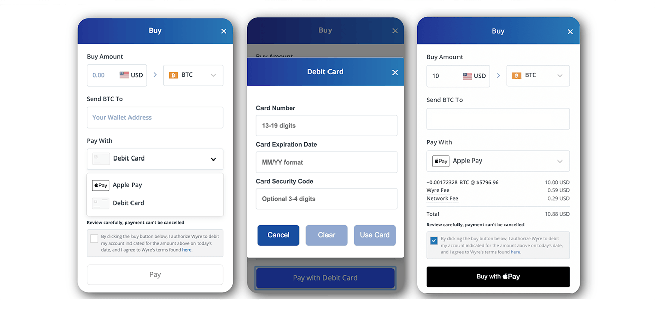 wyre checkout screens