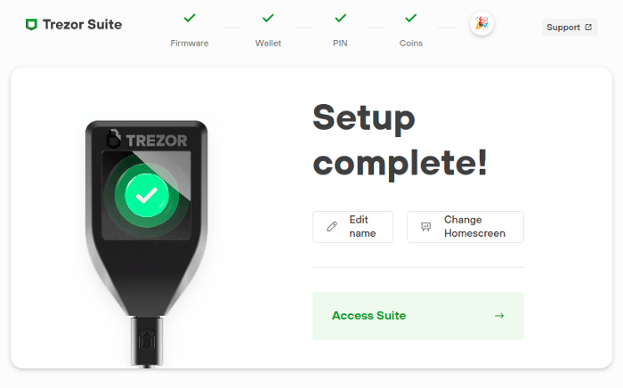 trezor suite user interface for setting up wallet